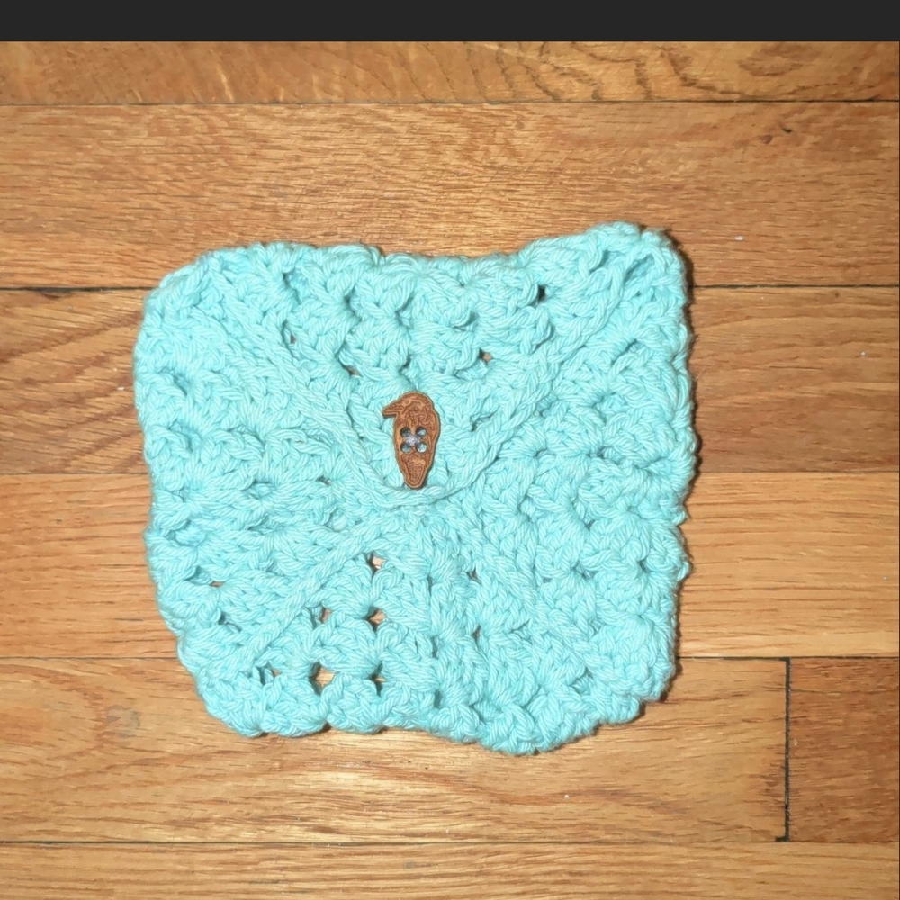 Handmade seafoam Crochet Pouch With Wood-Carved Raven Button